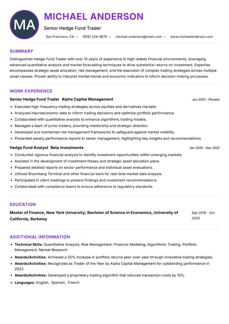 Hedge Fund Trader resume example