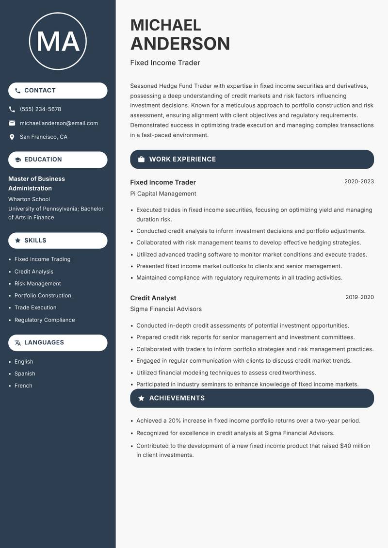 Hedge Fund Trader resume sample — Fixed Income Trader focus