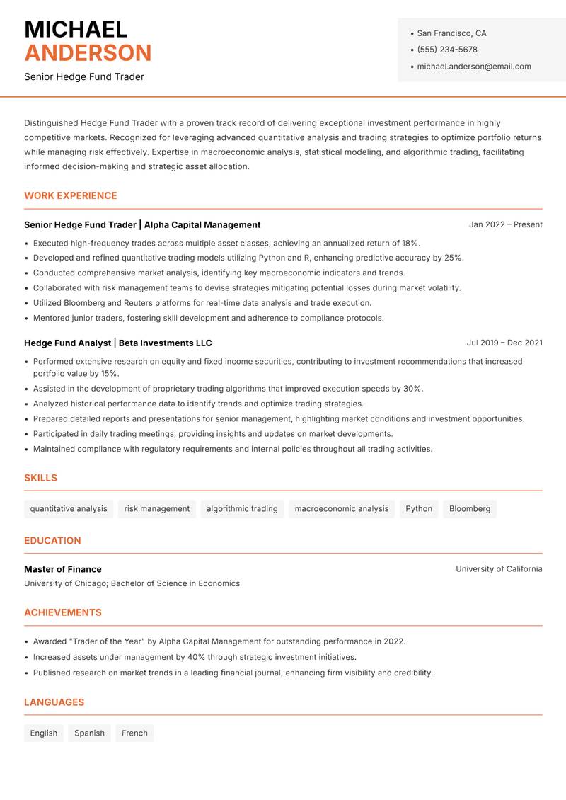 Hedge Fund Trader resume sample — Senior Hedge Fund Trader focus