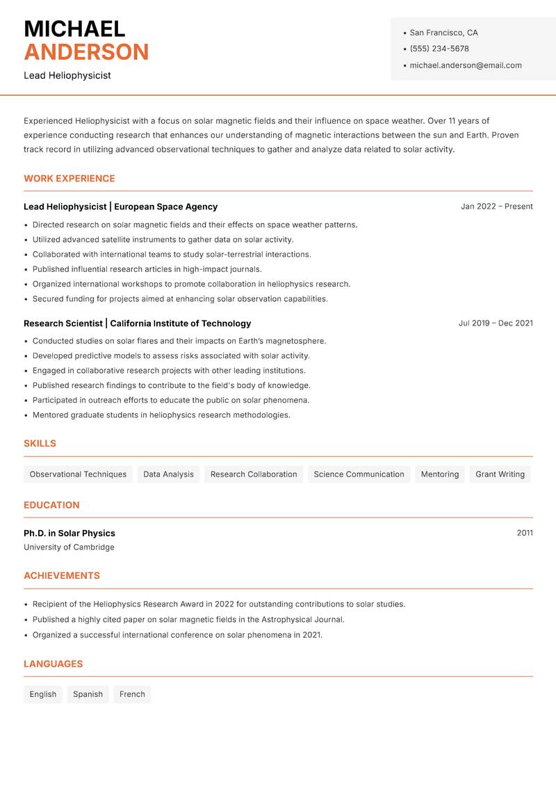 Heliophysicist resume sample — Lead Heliophysicist focus