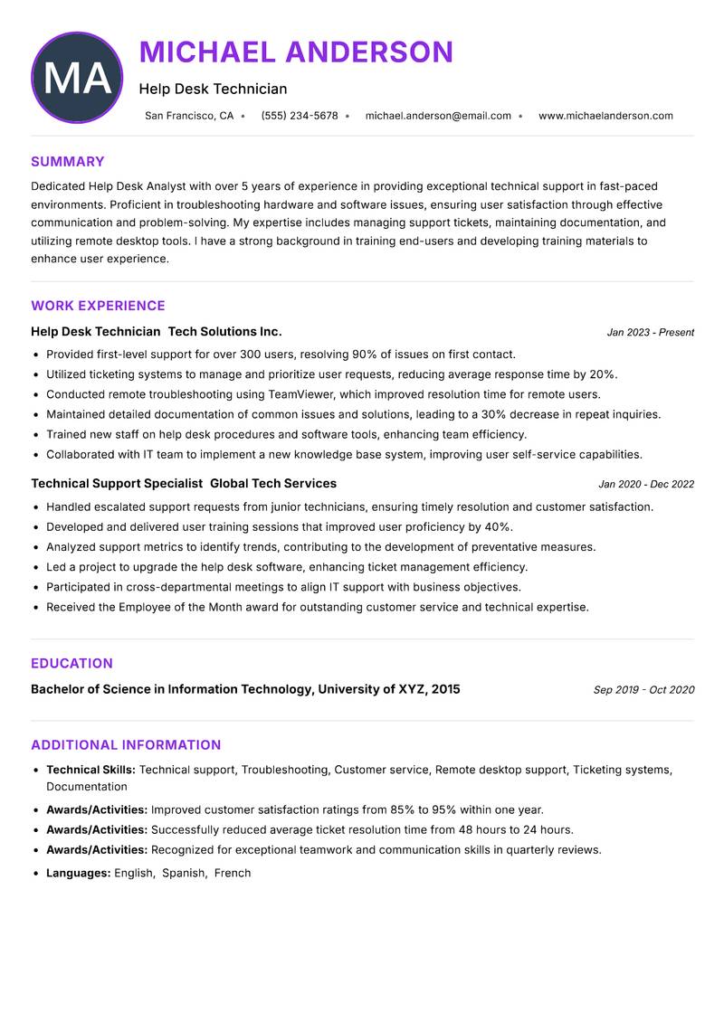 Help Desk Analyst resume example