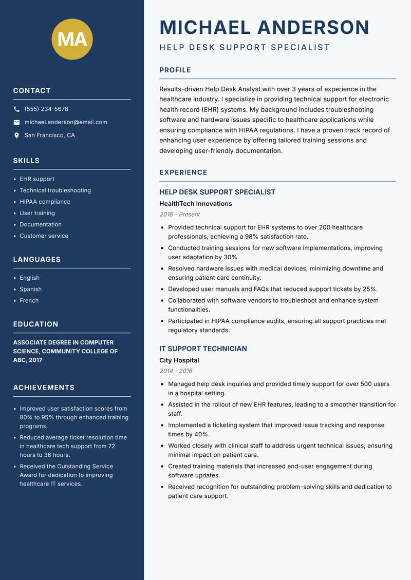Help Desk Analyst resume sample — Help Desk Support Specialist focus