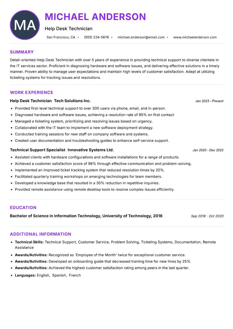 Help Desk Technician resume example