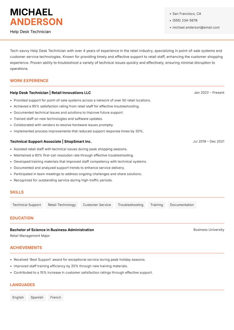 Help Desk Technician resume sample — Help Desk Technician focus