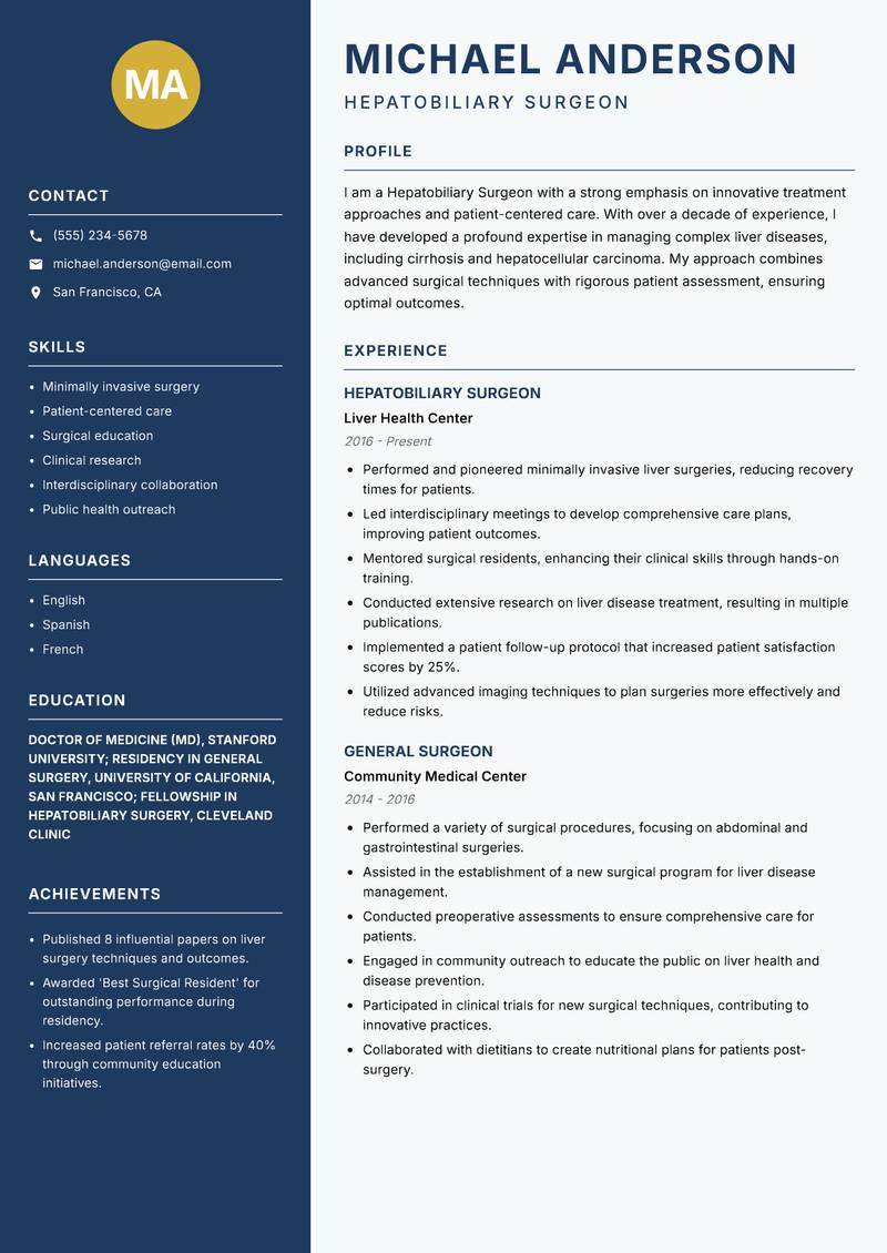 Hepatobiliary Surgeon resume sample — Hepatobiliary Surgeon focus