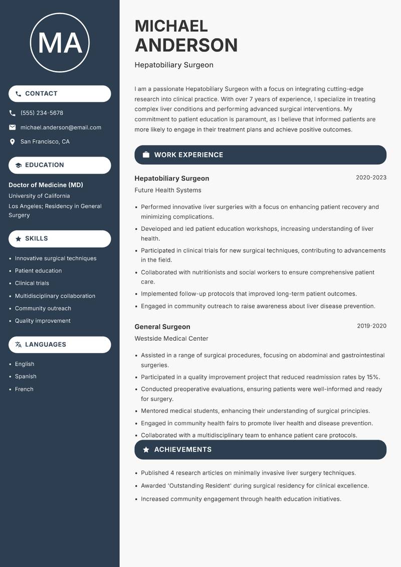 Hepatobiliary Surgeon resume sample — Hepatobiliary Surgeon focus
