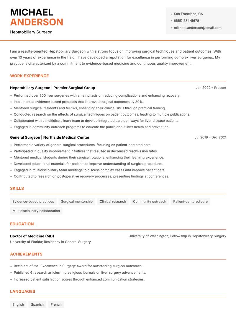 Hepatobiliary Surgeon resume sample — Hepatobiliary Surgeon focus