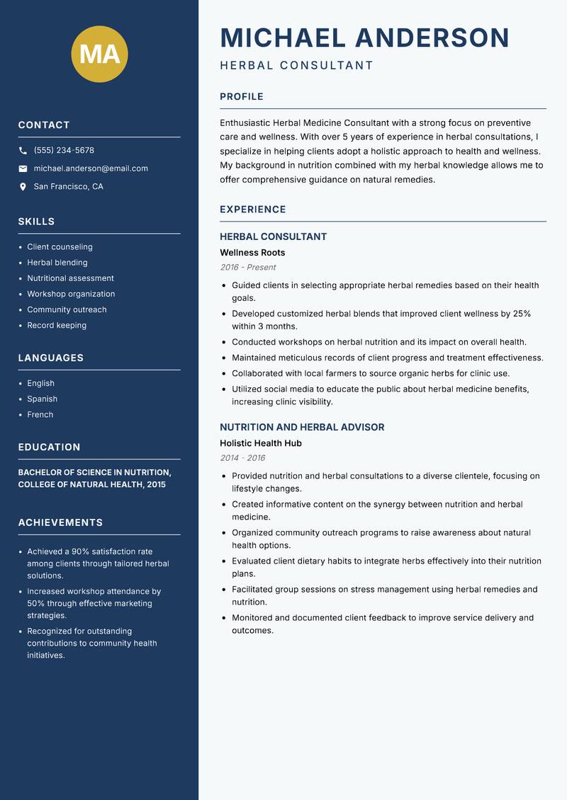 Herbal Medicine Consultant resume sample — Herbal Consultant focus