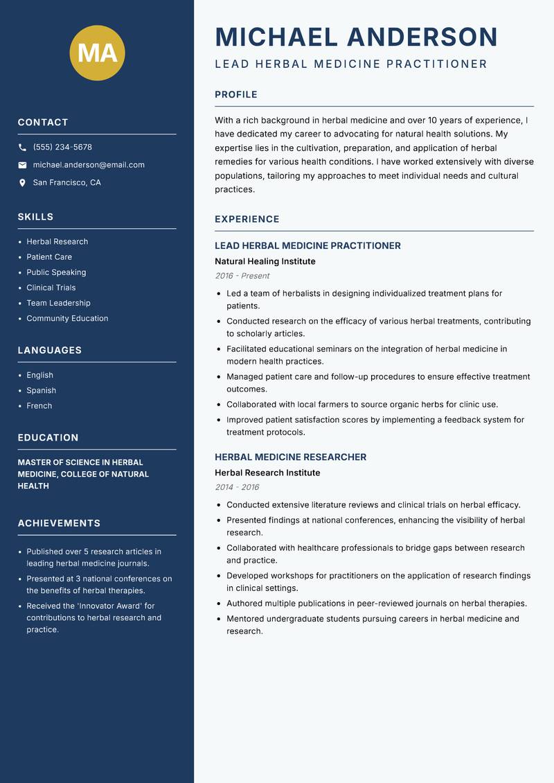 Herbal Medicine Practitioner resume sample — Lead Herbal Medicine Practitioner focus