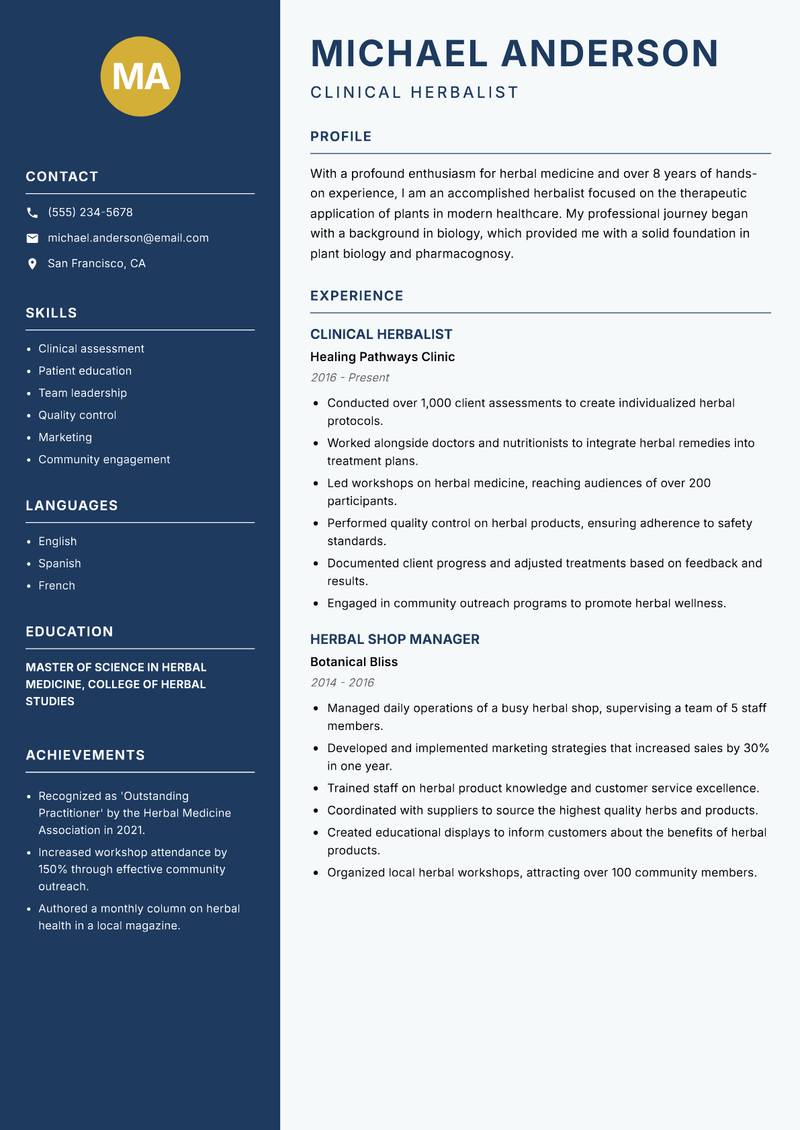Herbalist resume sample — Clinical Herbalist focus