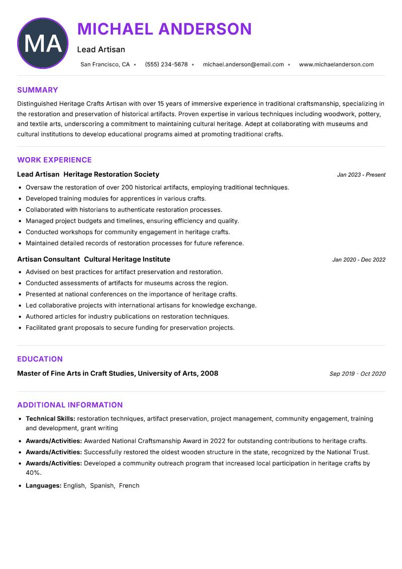Heritage Crafts Artisan resume example