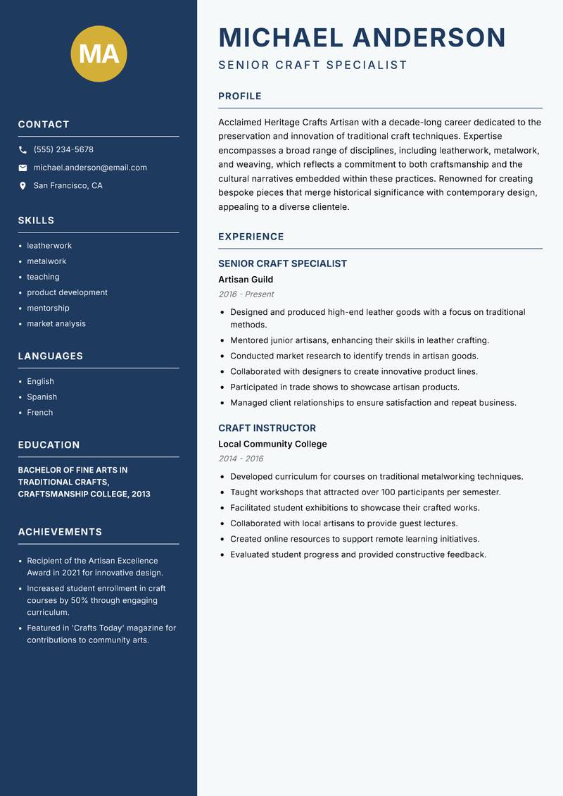 Heritage Crafts Artisan resume sample — Senior Craft Specialist focus