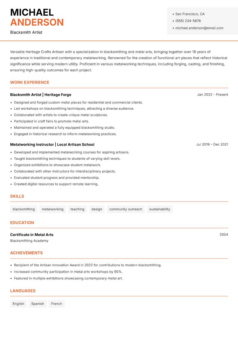Heritage Crafts Artisan resume sample — Blacksmith Artist focus