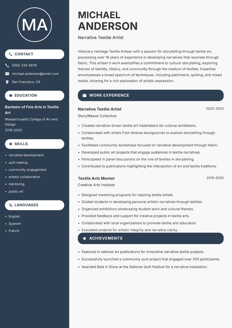 Heritage Textile Artisan resume sample — Narrative Textile Artist focus