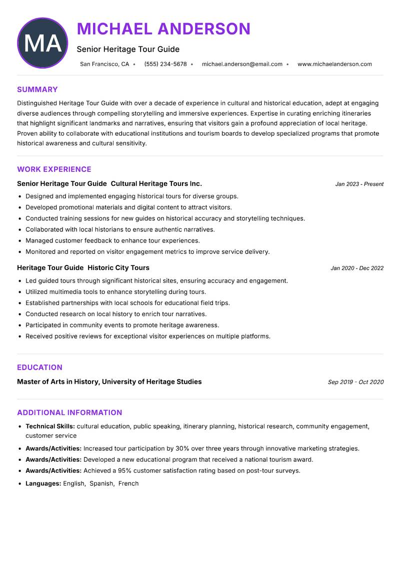 Heritage Tour Guide resume example