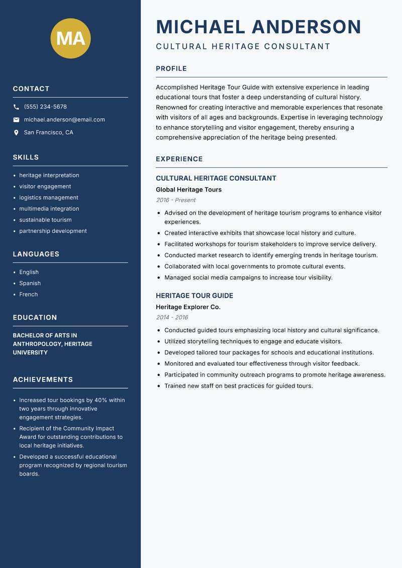 Heritage Tour Guide resume sample — Cultural Heritage Consultant focus