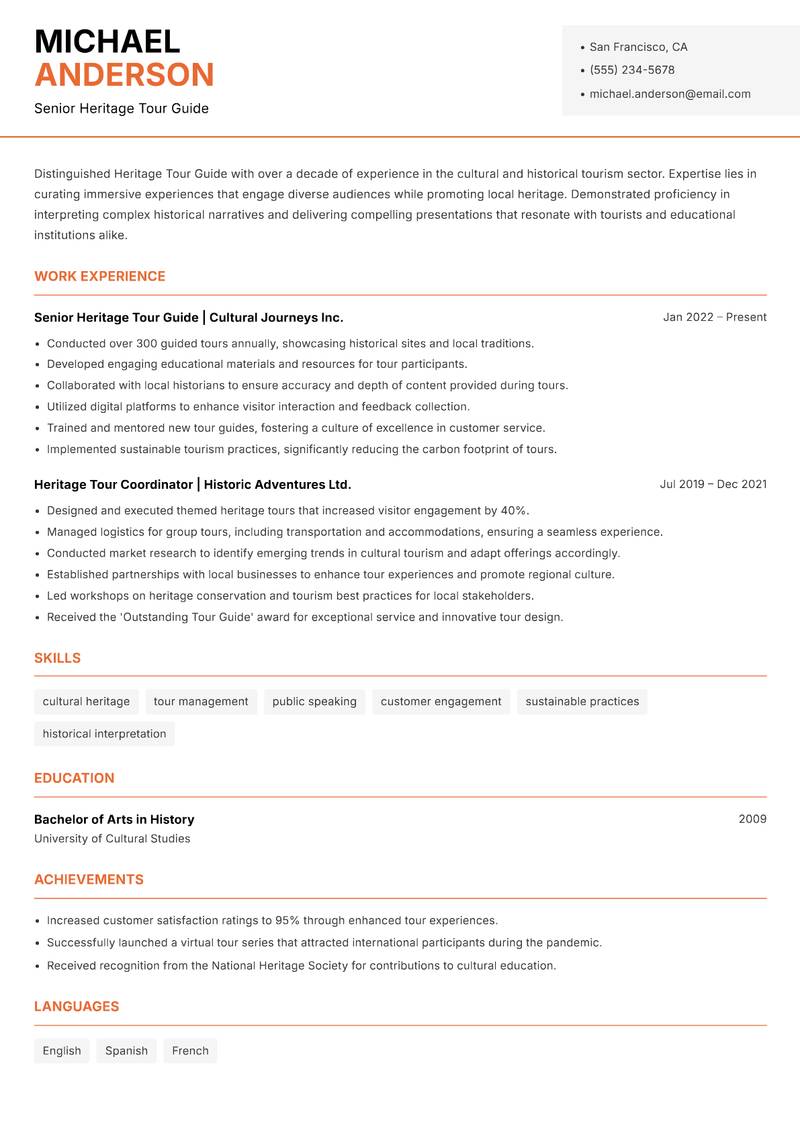 Heritage Tour Guide resume sample — Senior Heritage Tour Guide focus