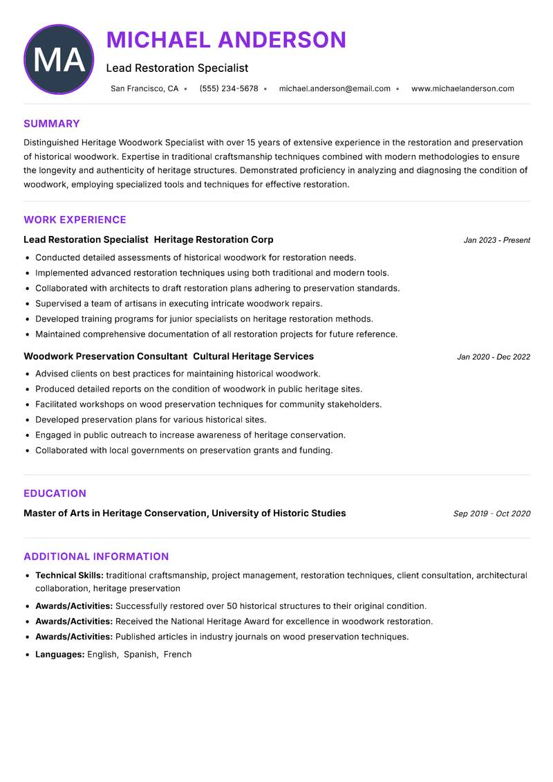 Heritage Woodwork Specialist resume example