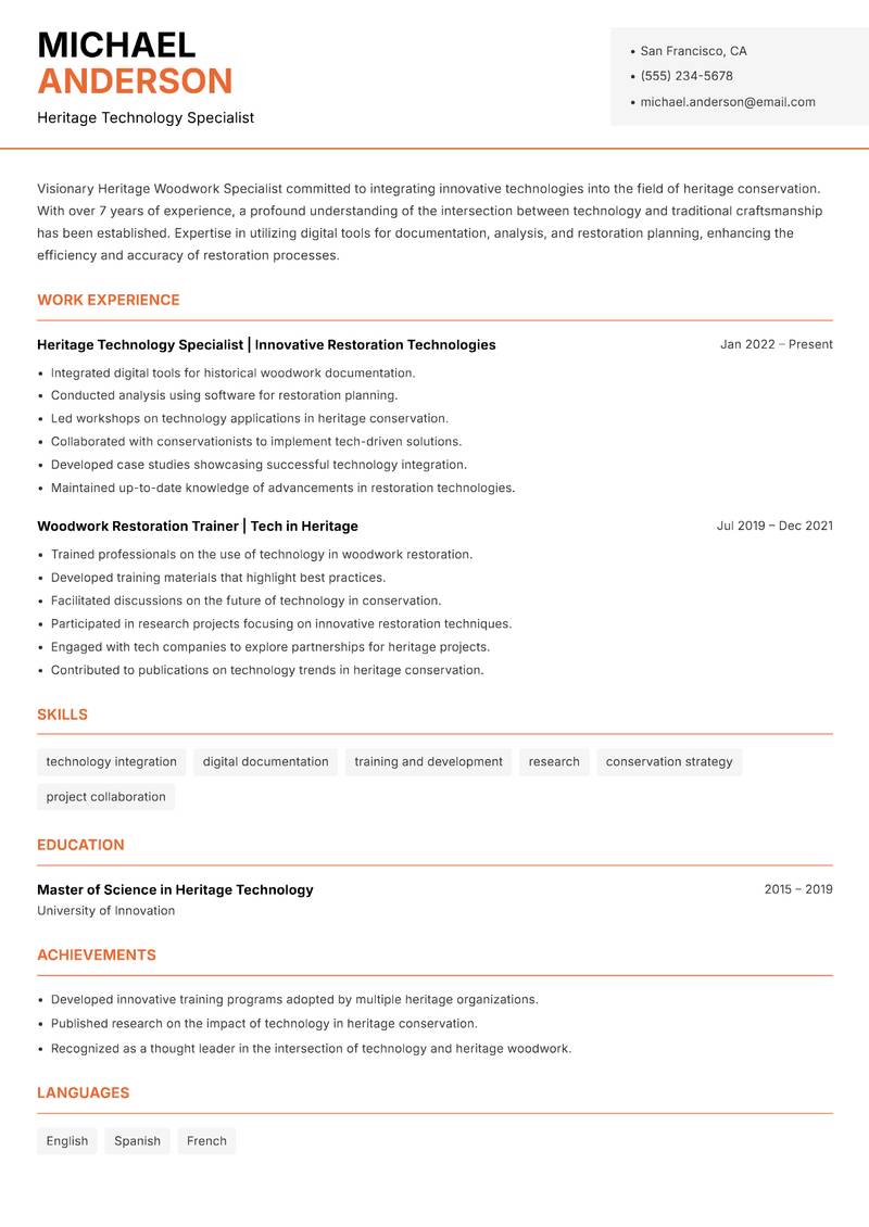 Heritage Woodwork Specialist resume sample — Heritage Technology Specialist focus