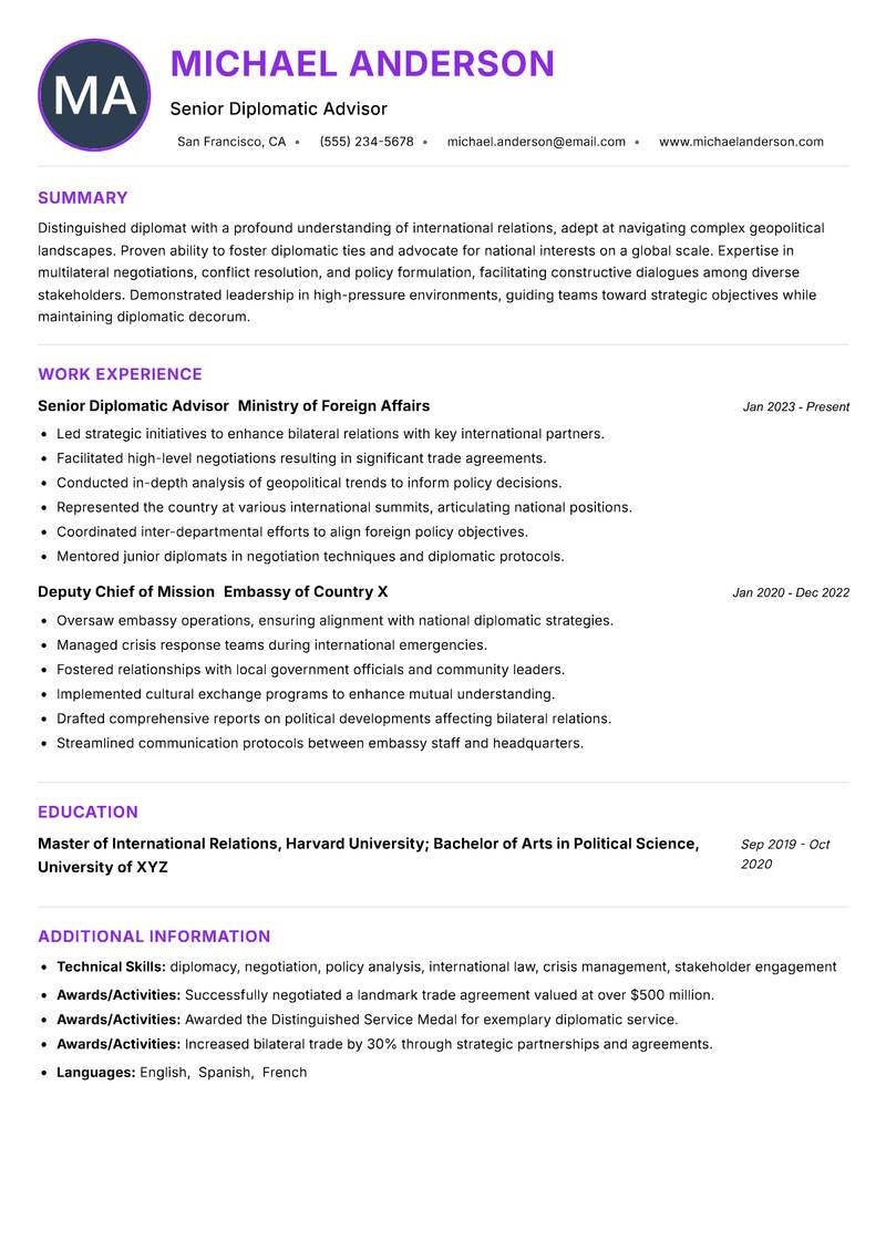 High Commissioner resume example