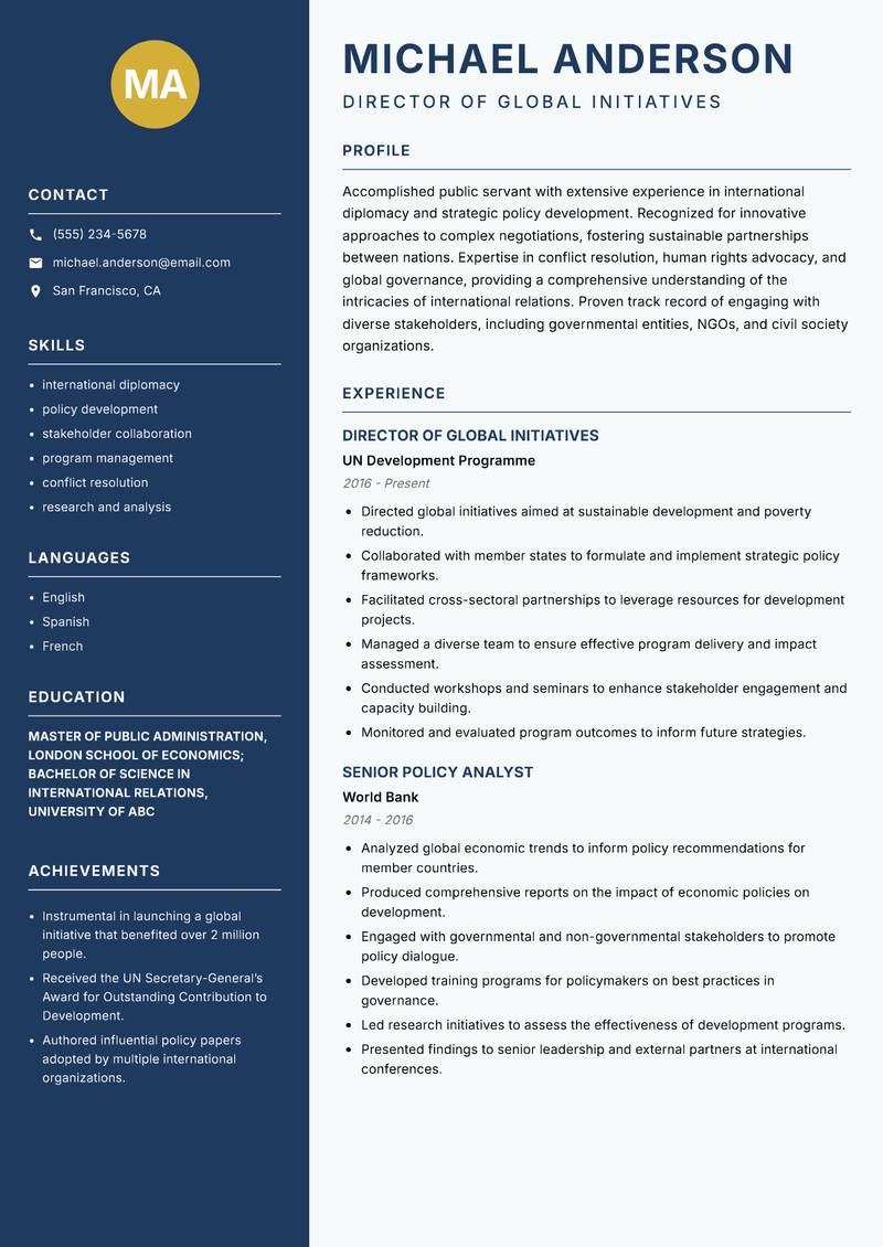 High Commissioner resume sample — Director of Global Initiatives focus