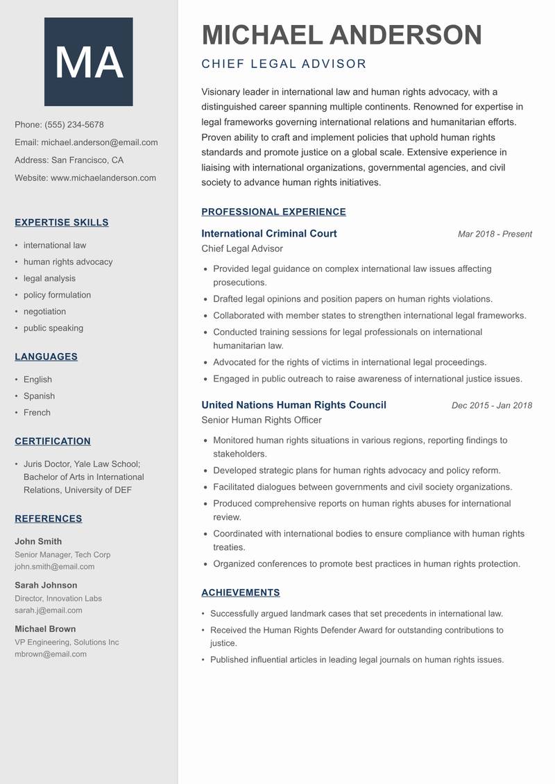 High Commissioner resume sample — Chief Legal Advisor focus