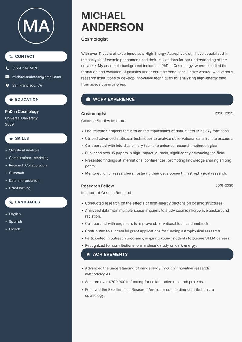 High Energy Astrophysicist resume sample — Cosmologist focus