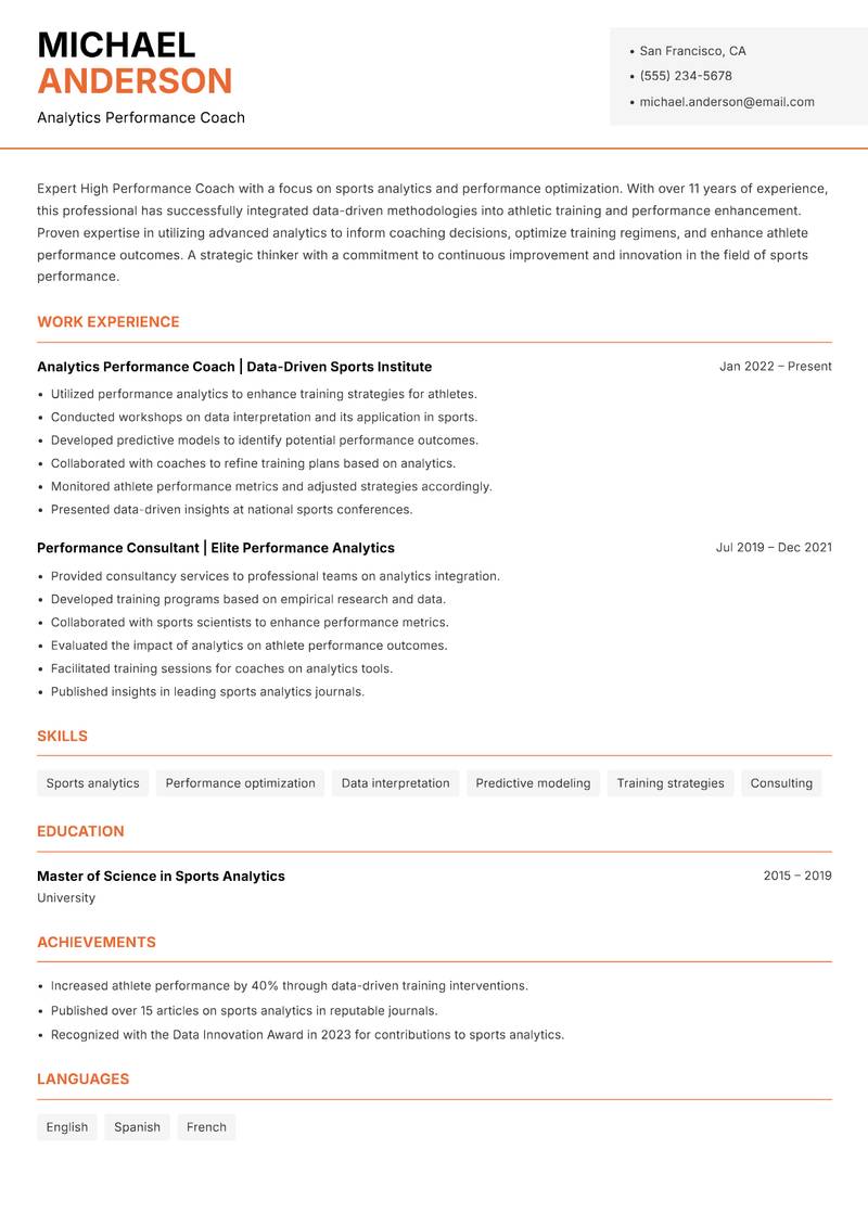 High Performance Coach resume sample — Analytics Performance Coach focus