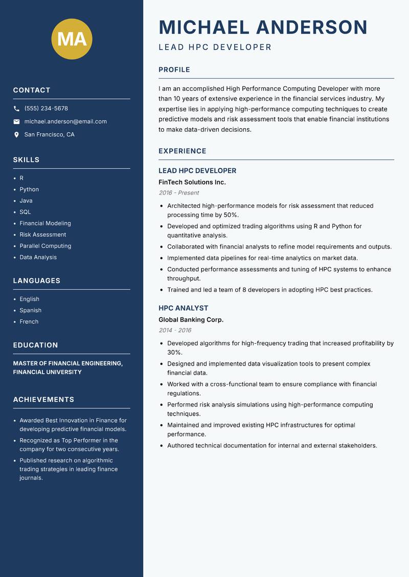 High Performance Computing Developer resume sample — Lead HPC Developer focus