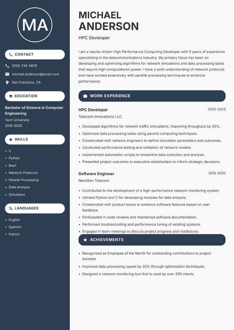 High Performance Computing Developer resume sample — HPC Developer focus