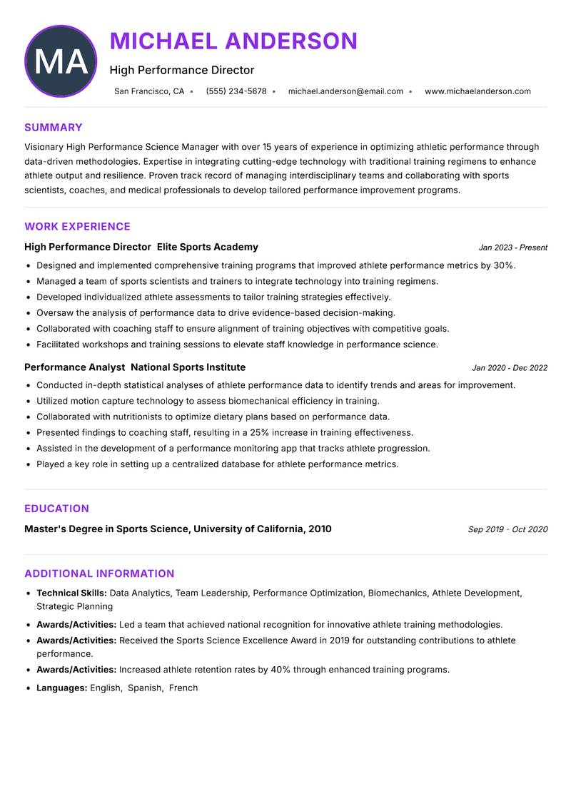 High Performance Science Manager resume example