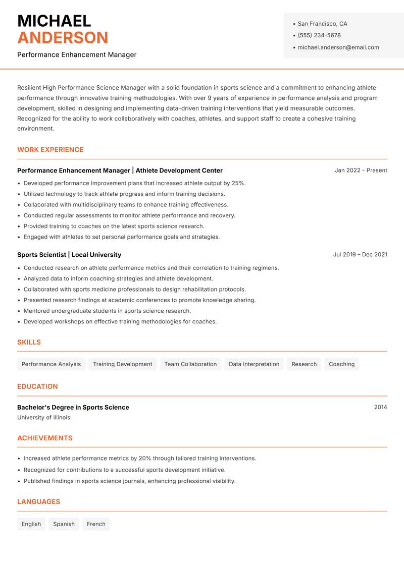 High Performance Science Manager resume sample — Performance Enhancement Manager focus