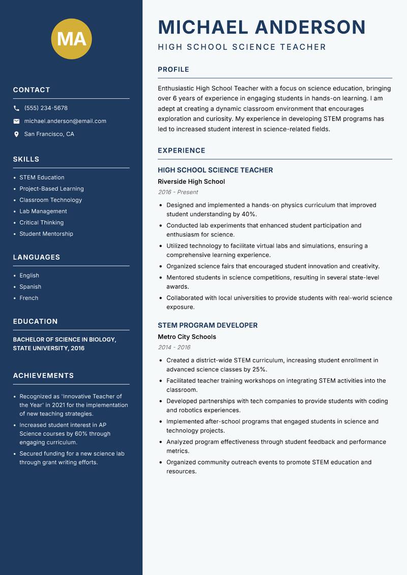 High School Teacher resume sample — High School Science Teacher focus
