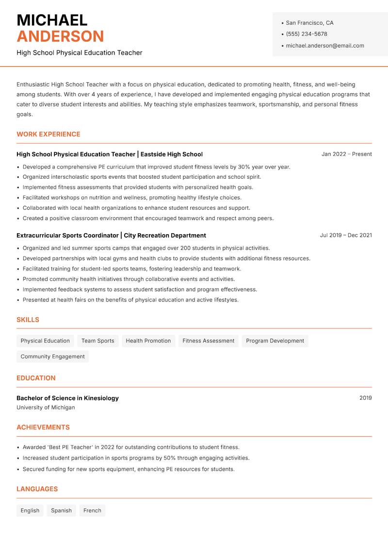 High School Teacher resume sample — High School Physical Education Teacher focus