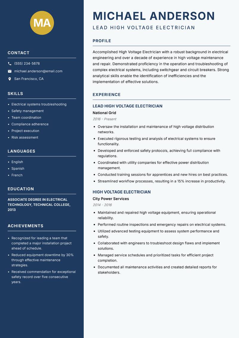 High Voltage Electrician resume sample — Lead High Voltage Electrician focus