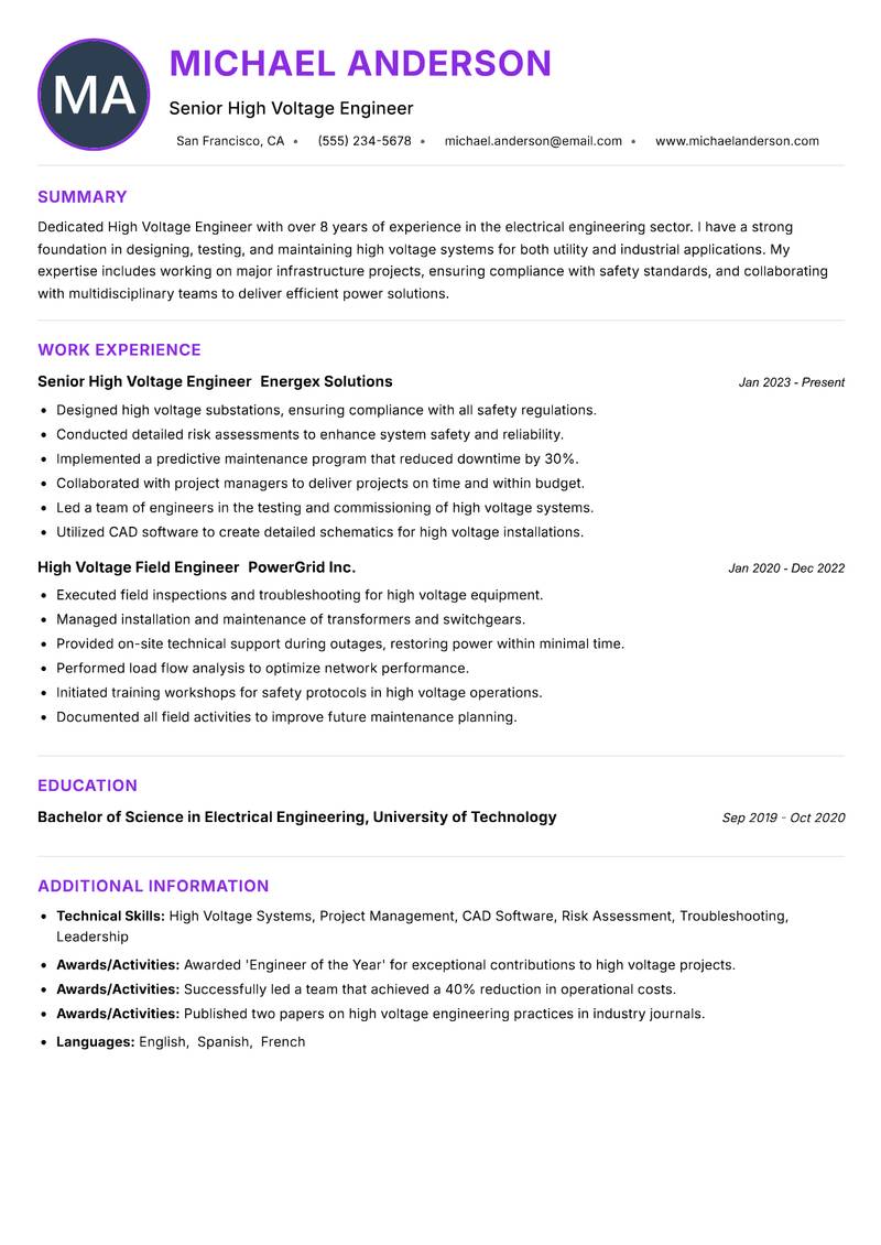 High Voltage Engineer resume example
