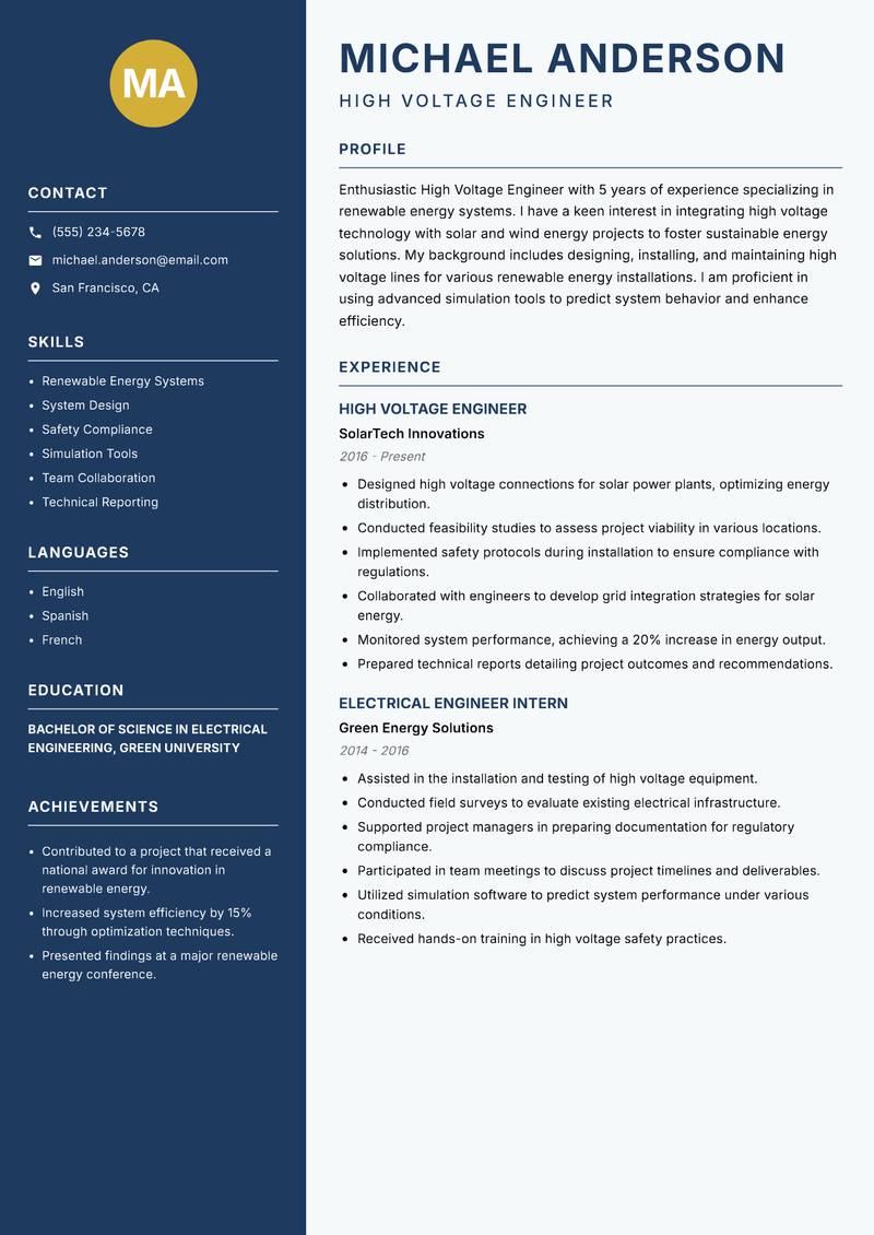 High Voltage Engineer resume sample — High Voltage Engineer focus
