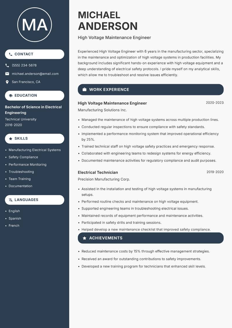 High Voltage Engineer resume sample — High Voltage Maintenance Engineer focus