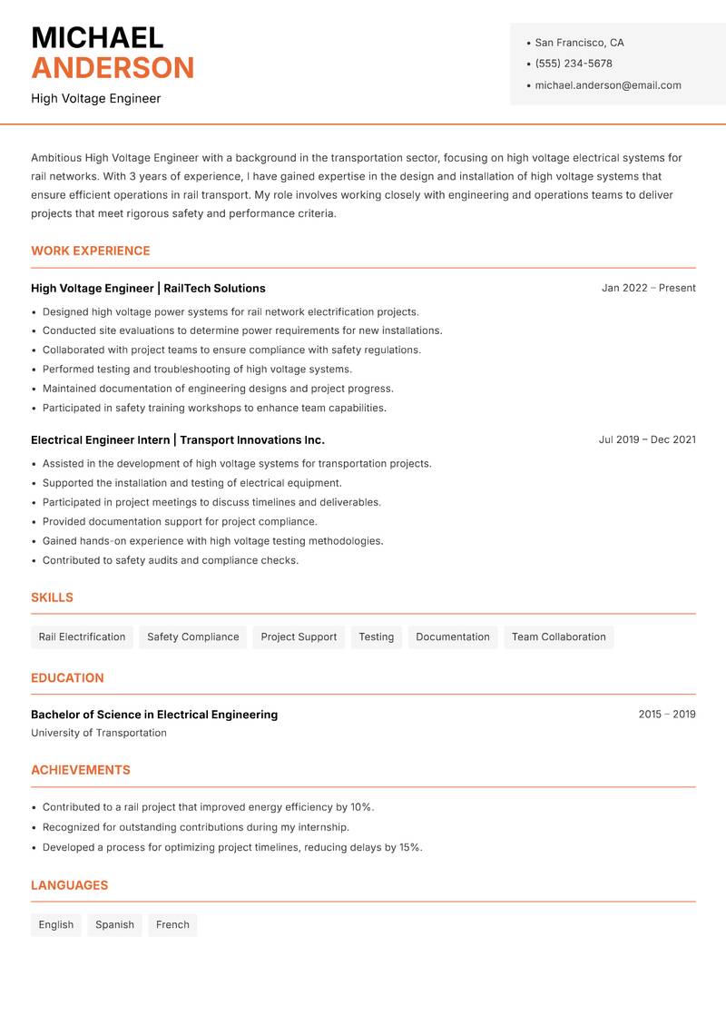 High Voltage Engineer resume sample — High Voltage Engineer focus