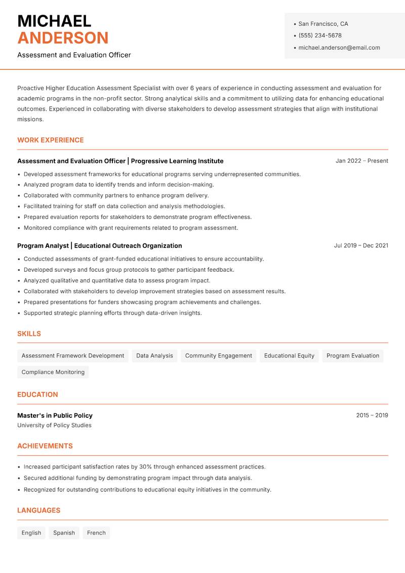 Higher Education Assessment Specialist resume sample — Assessment and Evaluation Officer focus