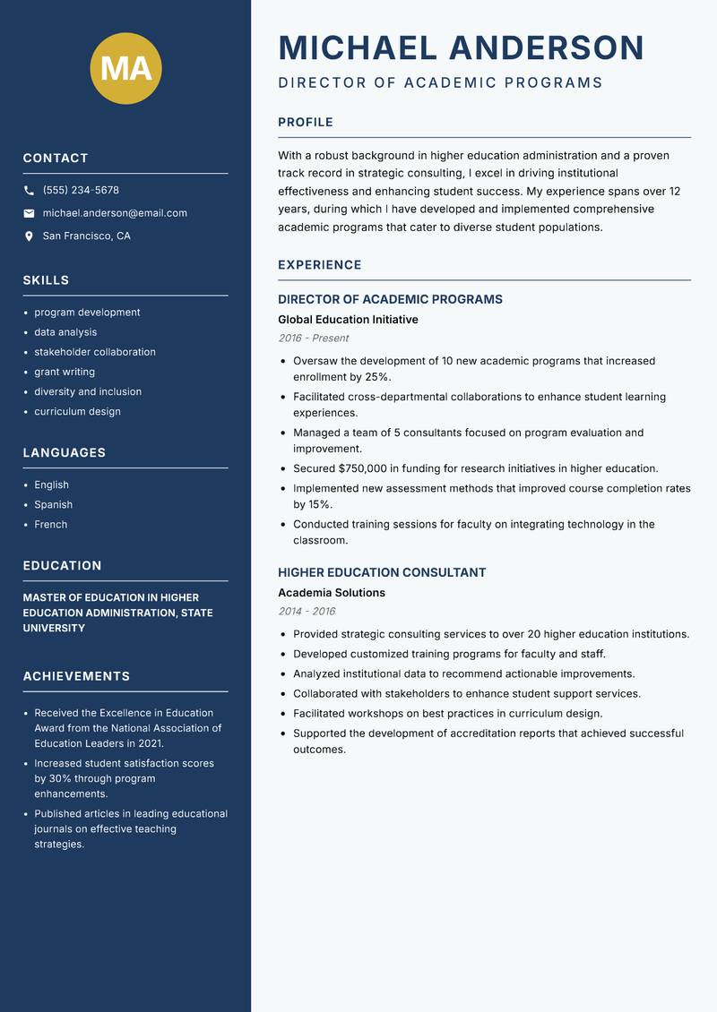 Higher Education Consultant resume sample — Director of Academic Programs focus