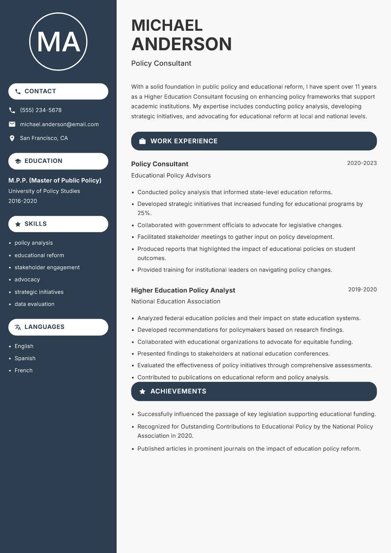 Higher Education Consultant resume sample — Policy Consultant focus