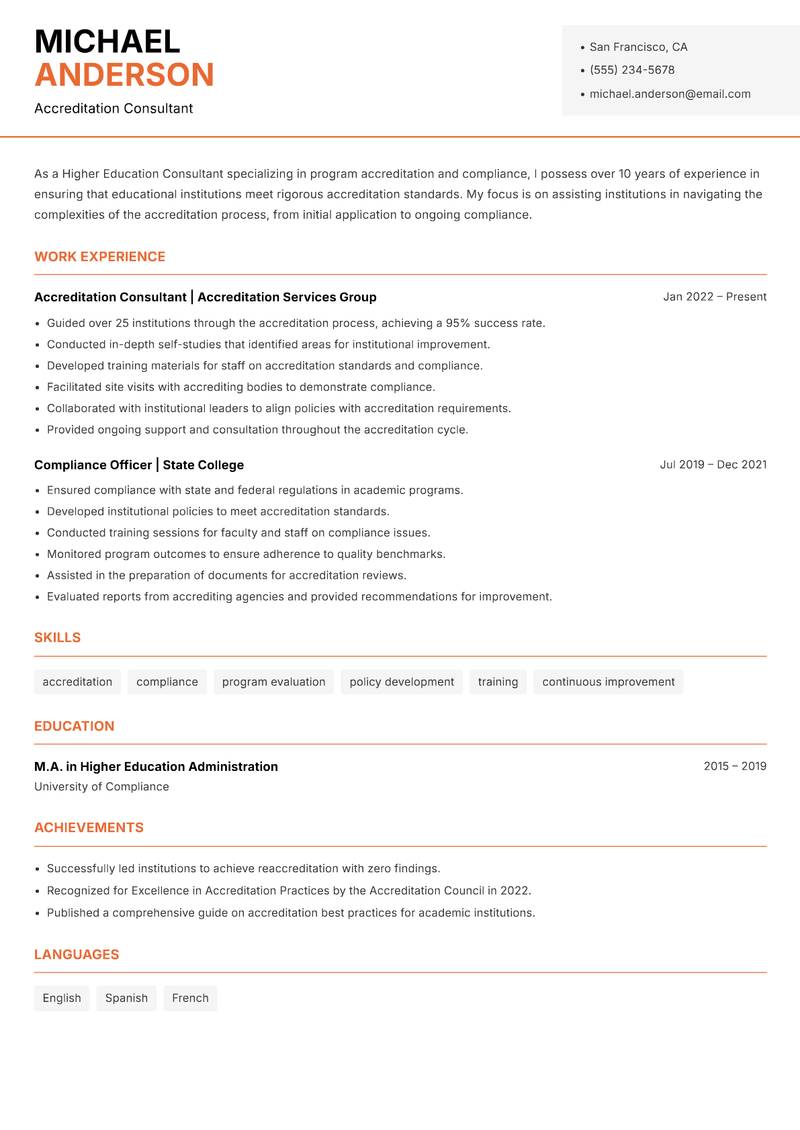 Higher Education Consultant resume sample — Accreditation Consultant focus