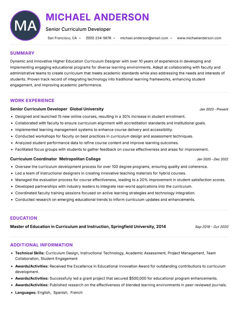 Higher Education Curriculum Designer resume example
