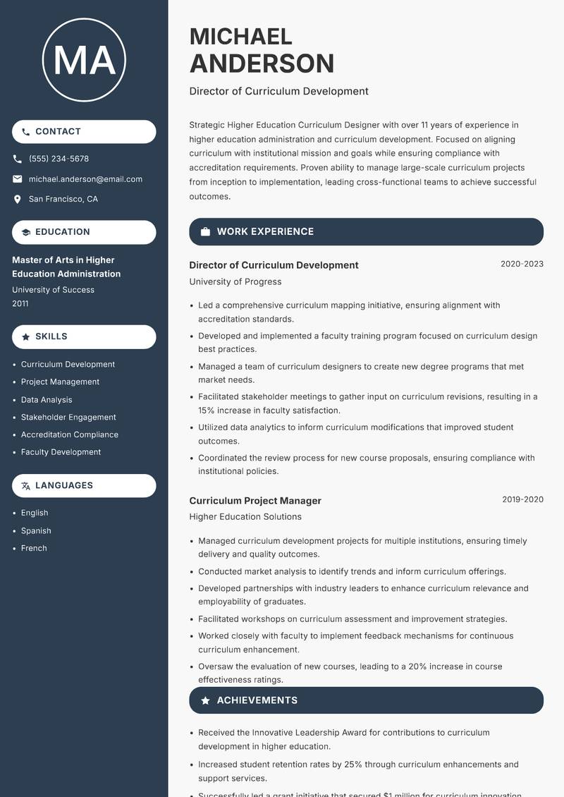 Higher Education Curriculum Designer resume sample — Director of Curriculum Development focus