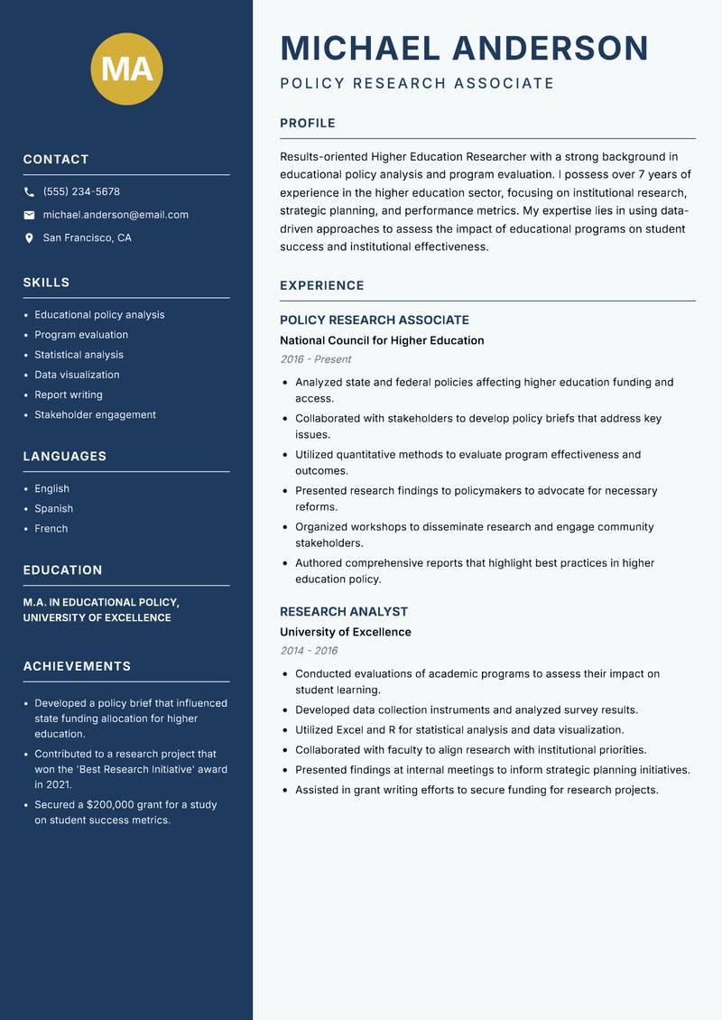 Higher Education Researcher resume sample — Policy Research Associate focus