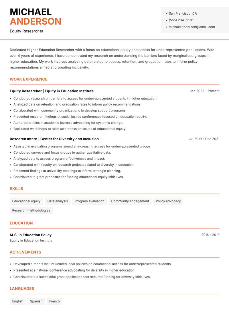 Higher Education Researcher resume sample — Equity Researcher focus