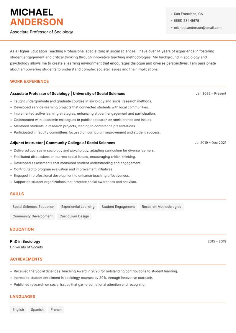 Higher Education Teaching Professional resume sample — Associate Professor of Sociology focus