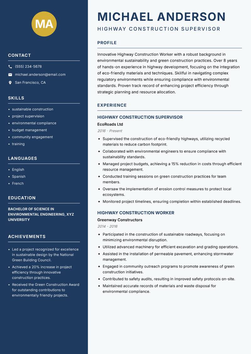 Highway Construction Worker resume sample — Highway Construction Supervisor focus