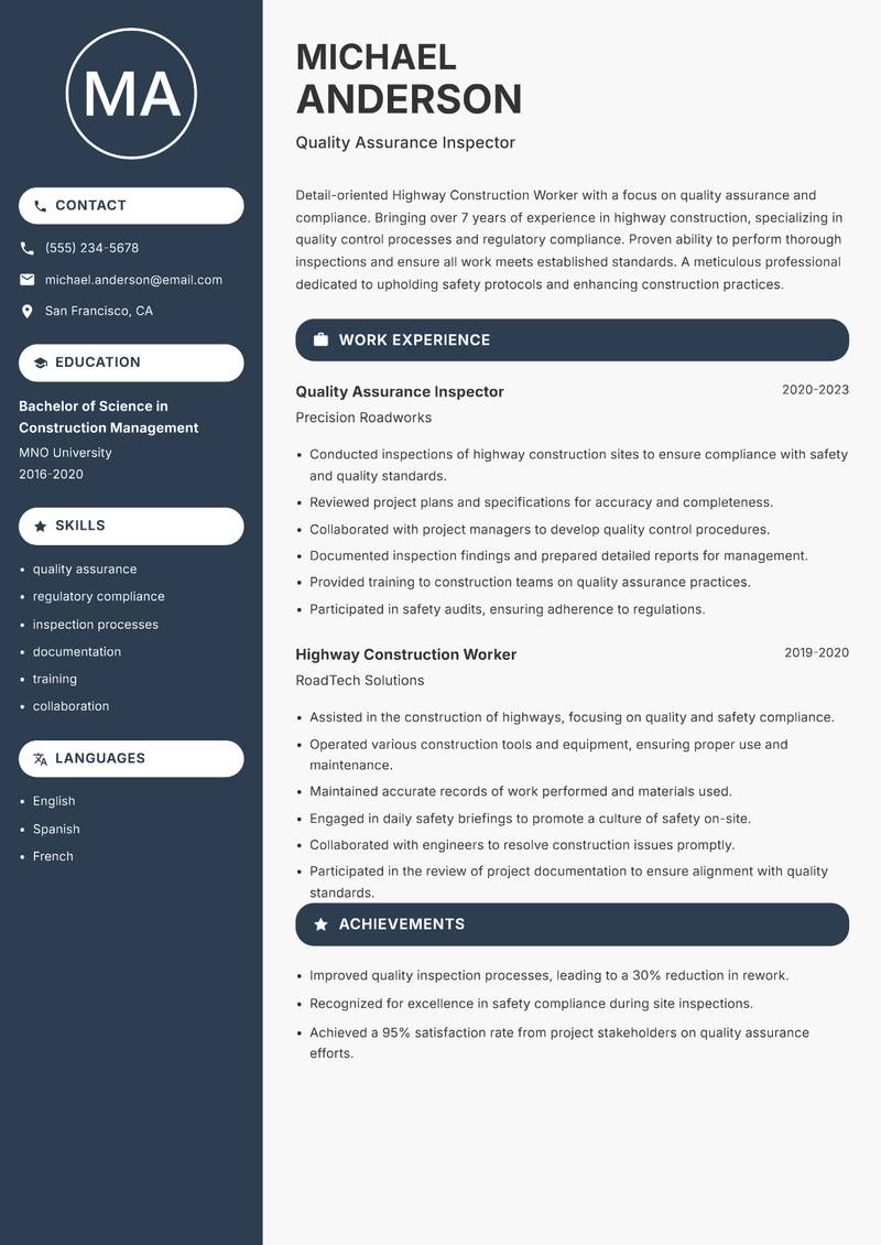 Highway Construction Worker resume sample — Quality Assurance Inspector focus
